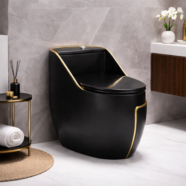 Luxury Siphonic One-Piece Western Toilet | Designer Floor Mounted WC with Gold Line | Approx. 26 × 17 × 23 Inches Black
