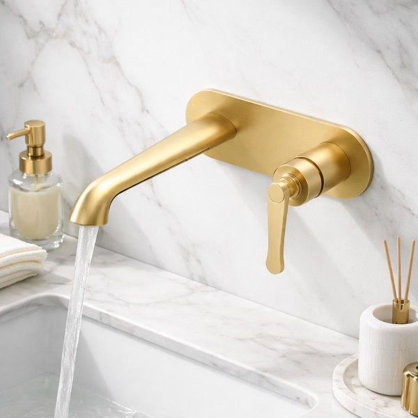 BASSINO Luxury Wall Mount Basin Mixer Tap Modern Concealed Bathroom Faucet 5 Years Warranty Brushed Gold