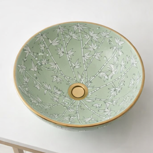 Designer Round Ceramic Wash Basin (Green with Golden Edge & Bamboo Art Design-  16 x 16 x 5 In- AB605)