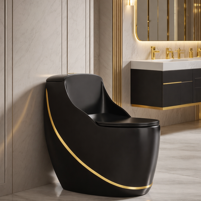 Luxury One-Piece Western Toilet – Black with Gold Line | Glossy Floor Mounted WC | Approx. 27 × 18 × 27 Inches