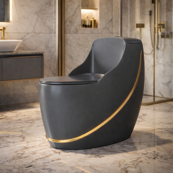 Luxury One-Piece Western Toilet with Gold Line | Designer Floor Mounted WC | Approx. 27 × 17 × 27 Inches Grey