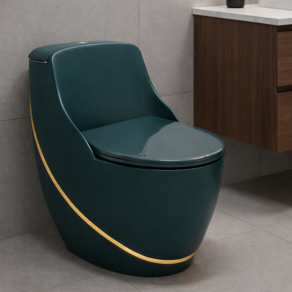 Luxury One-Piece Western Toilet with Gold Line | Designer Floor Mounted WC | Approx. 27 × 17 × 27 Inches Green