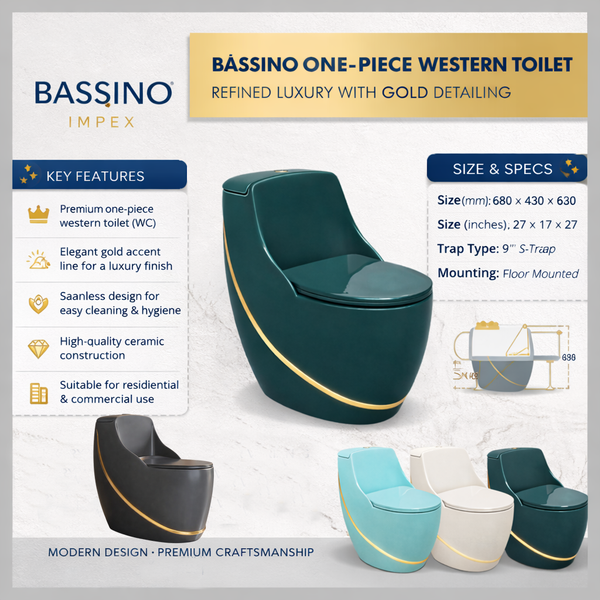 Luxury One-Piece Western Toilet with Gold Line | Designer Floor Mounted WC | Approx. 27 × 17 × 27 Inches Green