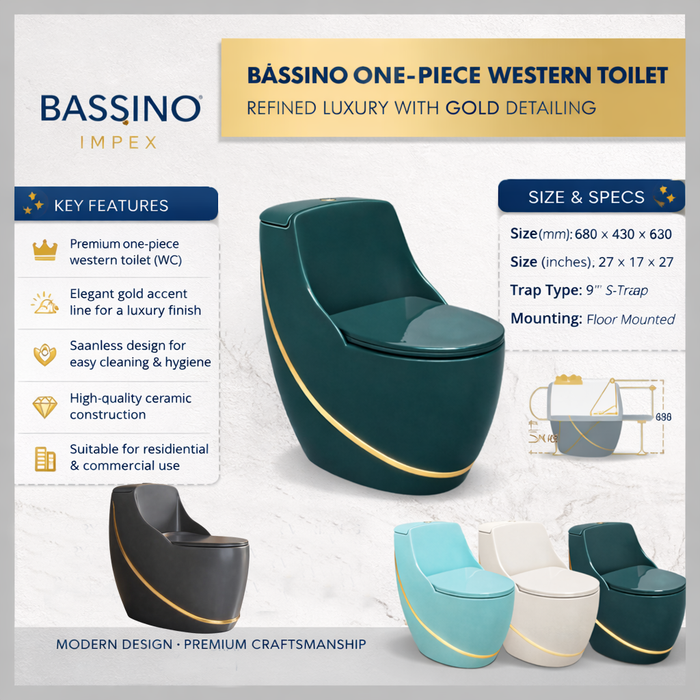 Luxury One-Piece Western Toilet with Gold Line | Designer Floor Mounted WC | Approx. 27 × 17 × 27 Inches