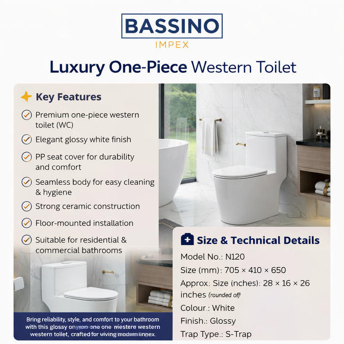 Luxury One-Piece Western Toilet | Glossy Floor Mounted WC with PP Cover | Approx. 28 × 16 × 26 Inches