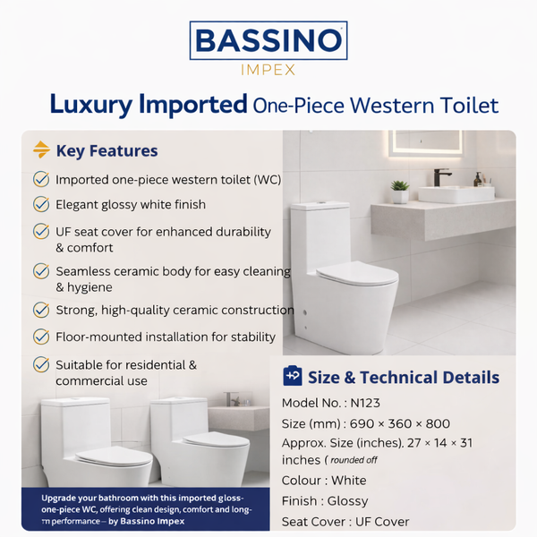 Luxury Imported One-Piece Glossy Floor Mounted Western Toilet  | Approx. 27 × 14 × 31 Inches
