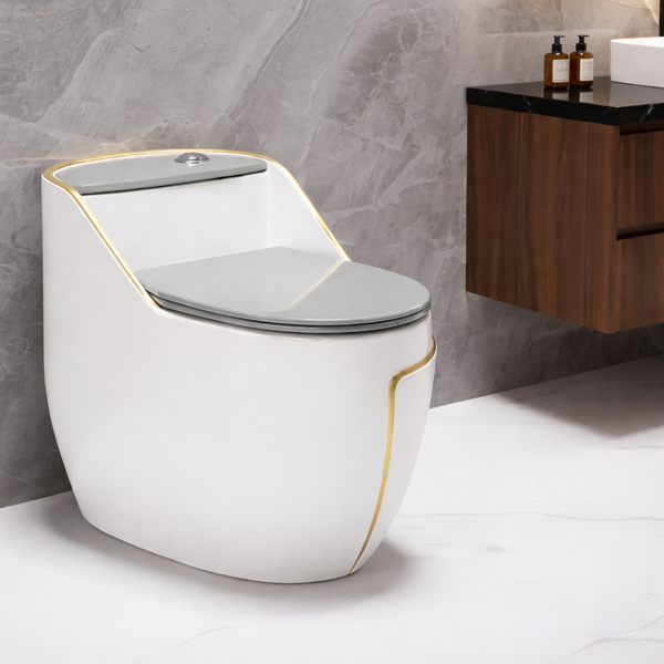 Luxury Siphonic One-Piece Western Toilet | Designer Floor Mounted WC with Gold Line | Approx. 26 × 17 × 23 Inches White
