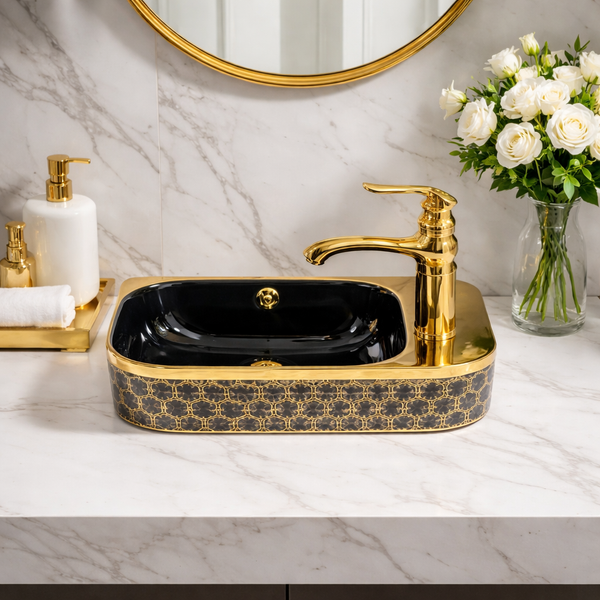 Bassino Compact Designer Wash Basin  – 17.5 × 10 × 6 Inches | Black Gold Finish