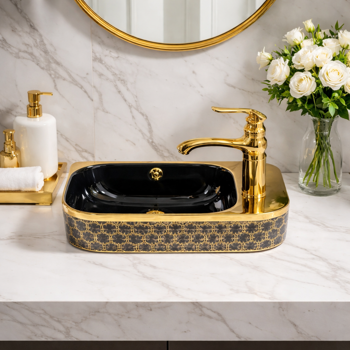 Bassino Compact Designer Wash Basin  – 17.5 × 10 × 6 Inches | Black Gold Finish