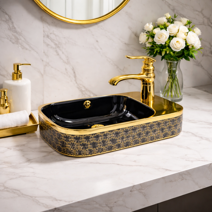 Bassino Compact Designer Wash Basin  – 17.5 × 10 × 6 Inches | Black Gold Finish