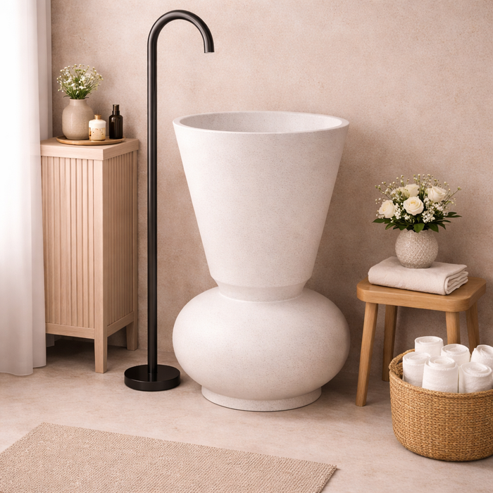 Modern Sculptural Artifical Stone Pedestal Wash Basin | Matt Finish Designer Freestanding Basin - 18″ × 18″ × 33.5″ In