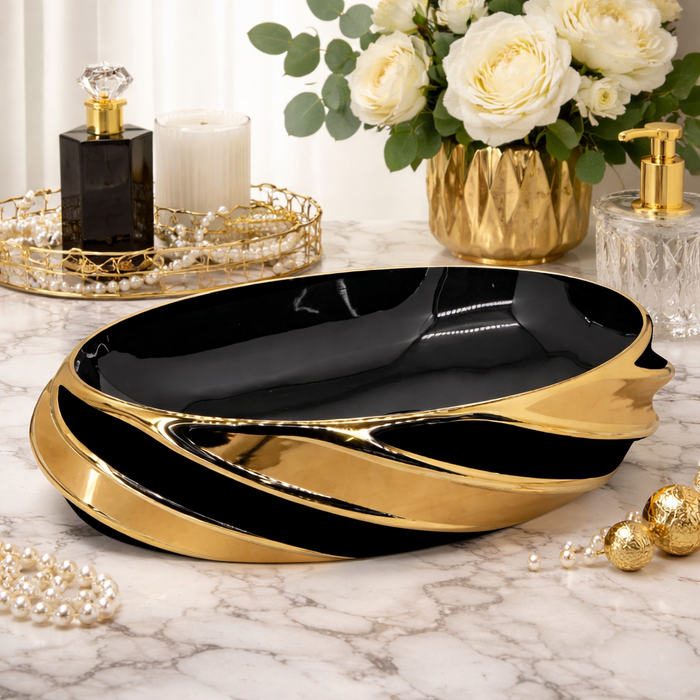 Luxury Oval Table Top Wash Basin | Black Glossy Basin with Rose Gold Accents (21″ × 13″ × 6″ IN)