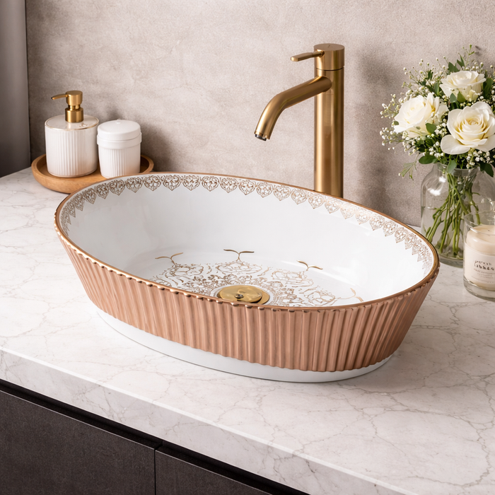 Luxury Oval Table Top Wash Basin – Glossy White with Rose Gold Pattern | Designer Bathroom Basin (20″ × 13″ × 6″ IN) BTT-11722