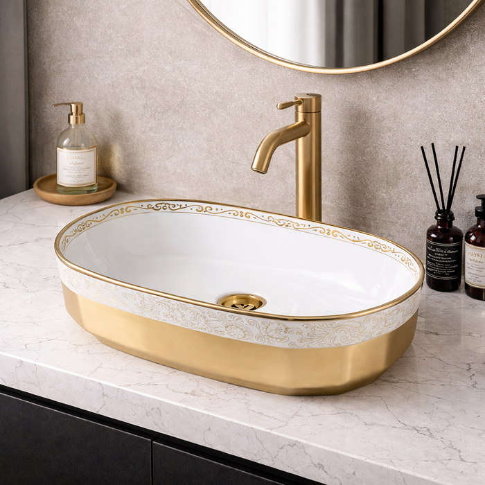 Luxury Oval Table Top Wash Basin | Gold & Rose Gold Finish | Designer Bathroom Basin (22″ × 13″ × 6″ IN)
