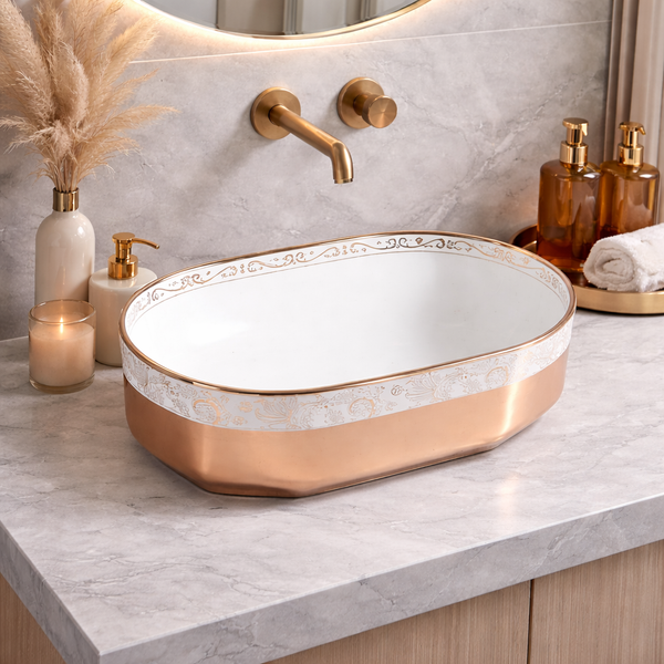 Luxury Oval Table Top Wash Basin | Gold & Rose Gold Finish | Designer Bathroom Basin (22″ × 13″ × 6″ IN) Rose gold