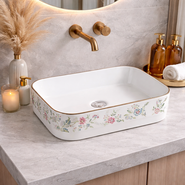 Designer Square Table Top Wash Basin | Glossy White with Floral Pattern | Ceramic Bathroom Basin (20″ × 14″ × 5″ IN)