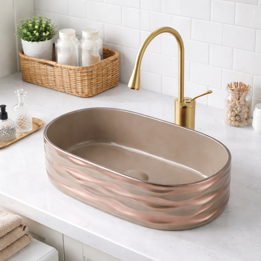 Bronze sink on a white countertop with a gold faucet