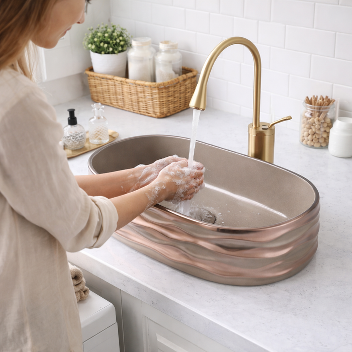 Bassino Premium Table Top Wash Basin – 20 × 12 × 6 Inches | Matte Dark Khaki & Rose Gold