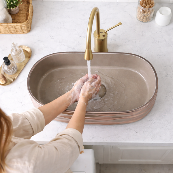 Bassino Premium Table Top Wash Basin – 20 × 12 × 6 Inches | Matte Dark Khaki & Rose Gold