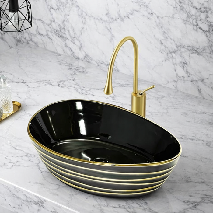 Premium Designer Ceramic Table Top Wash Basin, Black, Gold & Rose Gold Finish (22 x 14 x 6.5 In)