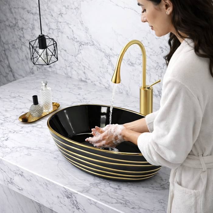 Premium Designer Ceramic Table Top Wash Basin, Black, Gold & Rose Gold Finish (22 x 14 x 6.5 In)