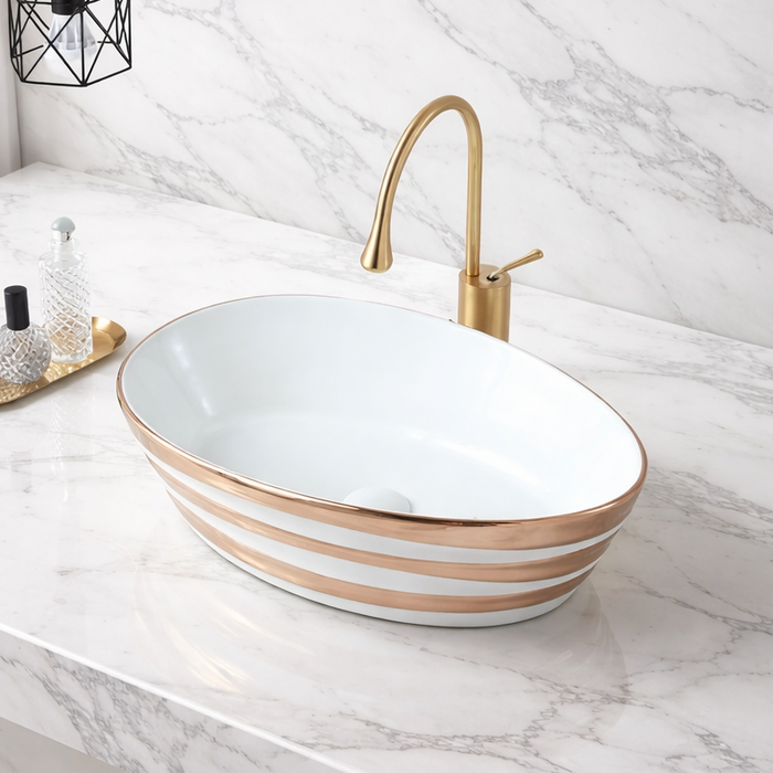 Premium Designer Ceramic Table Top Wash Basin, Black, Gold & Rose Gold Finish (22 x 14 x 6.5 In)