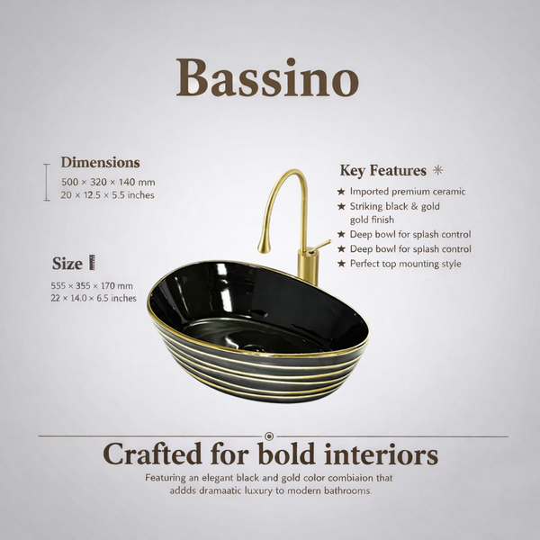 Premium Designer Ceramic Table Top Wash Basin, Black, Gold & Rose Gold Finish (22 x 14 x 6.5 In) Black