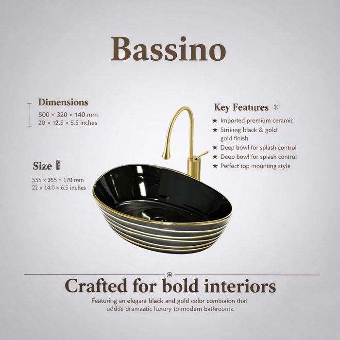 Premium Designer Ceramic Table Top Wash Basin, Black, Gold & Rose Gold Finish (22 x 14 x 6.5 In)
