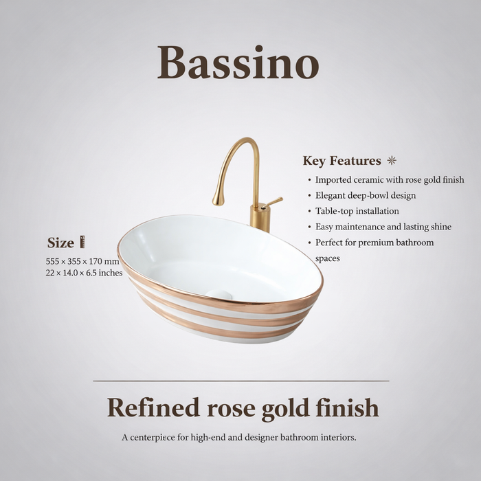 Premium Designer Ceramic Table Top Wash Basin, Black, Gold & Rose Gold Finish (22 x 14 x 6.5 In)