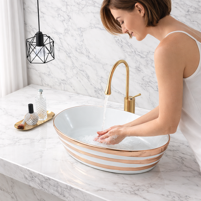 Premium Designer Ceramic Table Top Wash Basin, Black, Gold & Rose Gold Finish (22 x 14 x 6.5 In)