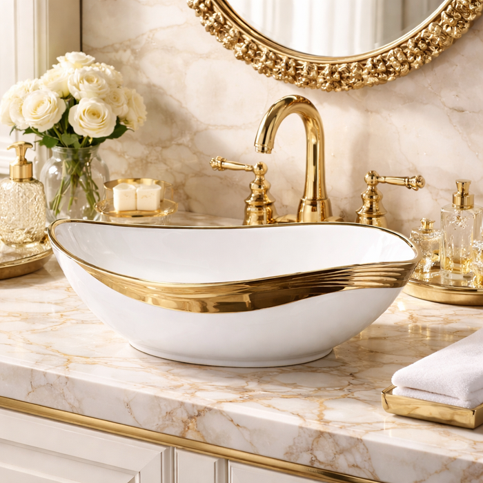 Bassino Luxury Counter Top Wash Basin in Gold & Rose Gold | Designer Table Top Basin | Approx. 20 × 14 × 6 Inches