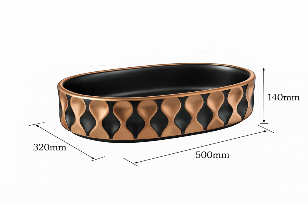 Premium Designer Ceramic Table Top Wash Basin, Black-Rosegold Matt (20 x 12.5 x 5.5 In) ZXTT/760