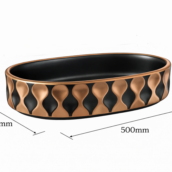 Premium Designer Ceramic Table Top Wash Basin, Black-Rosegold Matt (20 x 12.5 x 5.5 In) ZXTT/760