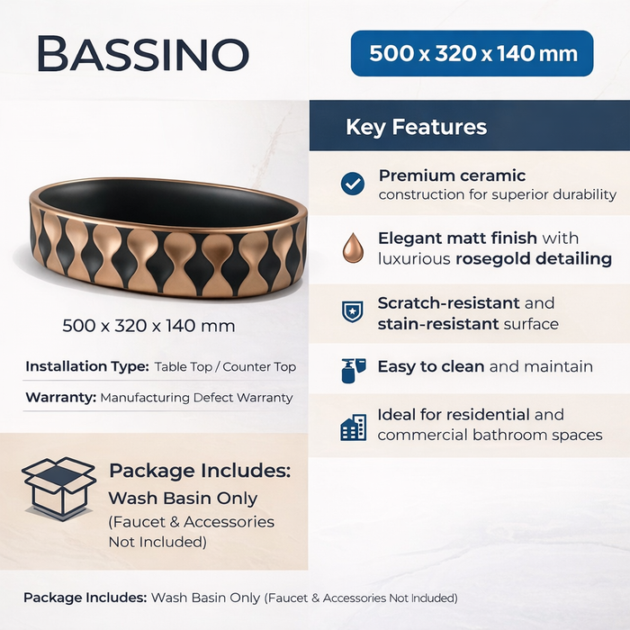 Premium Designer Ceramic Table Top Wash Basin, Black-Rosegold Matt (20 x 12.5 x 5.5 In) ZXTT/760