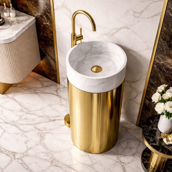 Premium Stainless Steel Pedestal Wash Basin with Natural Stone Top (16 x 16 x 34 In) Gold