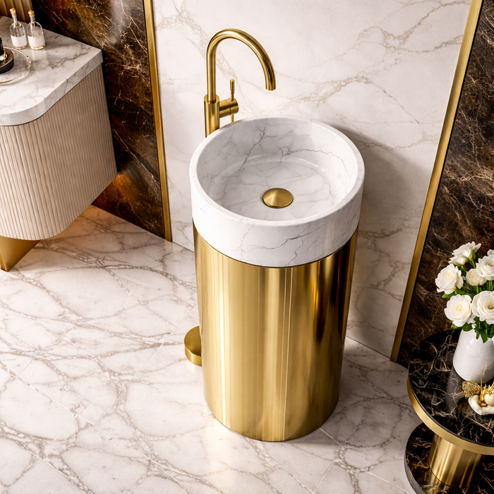 Premium Stainless Steel Pedestal Wash Basin with Natural Stone Top (16 x 16 x 34 In) Gold