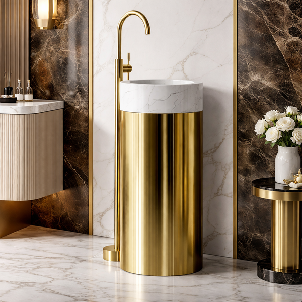 Premium Stainless Steel Pedestal Wash Basin with Natural Stone Top (16 x 16 x 34 In) Gold