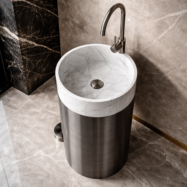 Premium Stainless Steel Pedestal Wash Basin with Natural Stone Top (16 x 16 x 34 In) Grey