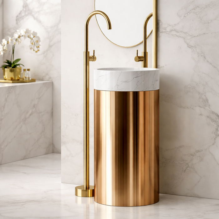 Premium Stainless Steel Pedestal Wash Basin with Natural Stone Top (16 x 16 x 34 In) Rose gold