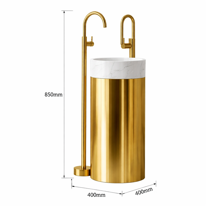 Premium Stainless Steel Pedestal Wash Basin with Natural Stone Top (16 x 16 x 34 In) Gold