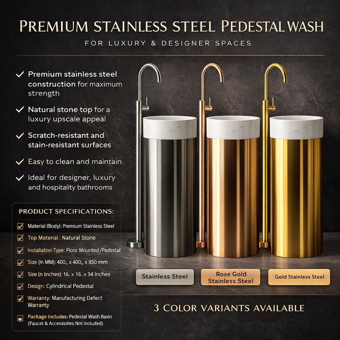 Premium Stainless Steel Pedestal Wash Basin with Natural Stone Top (16 x 16 x 34 In) Rose gold