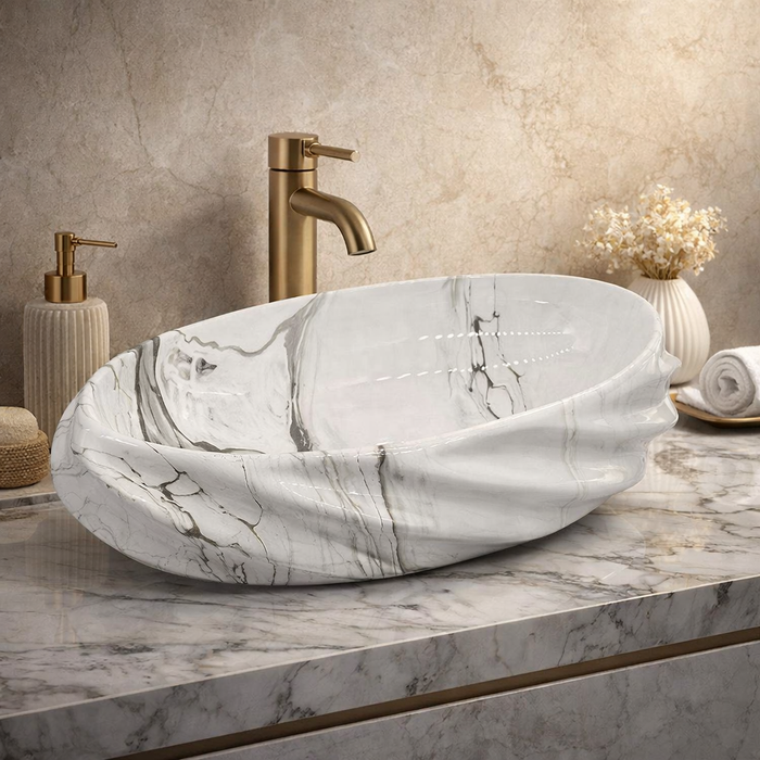 Glossy Marble Oval Countertop Wash Basin – (21" × 13" × 6" IN)