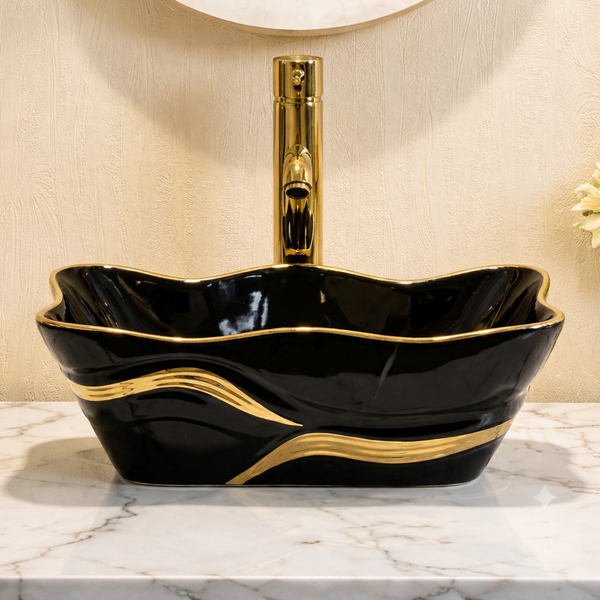 Premium Designer Ceramic Table Top Wash Basin, White & Black with Gold Glossy (20 x 15 x 6 In) Black