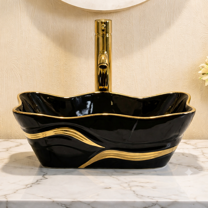 Premium Designer Ceramic Table Top Wash Basin, White & Black with Gold Glossy (20 x 15 x 6 In)