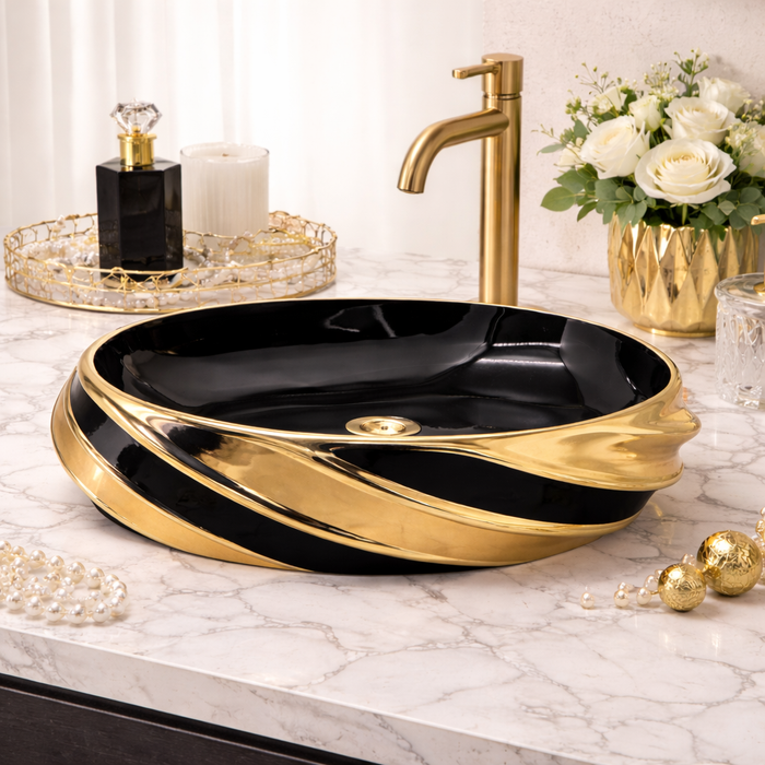 Luxury Oval Table Top Wash Basin | Black Glossy Basin with Rose Gold Accents (21″ × 13″ × 6″ IN)