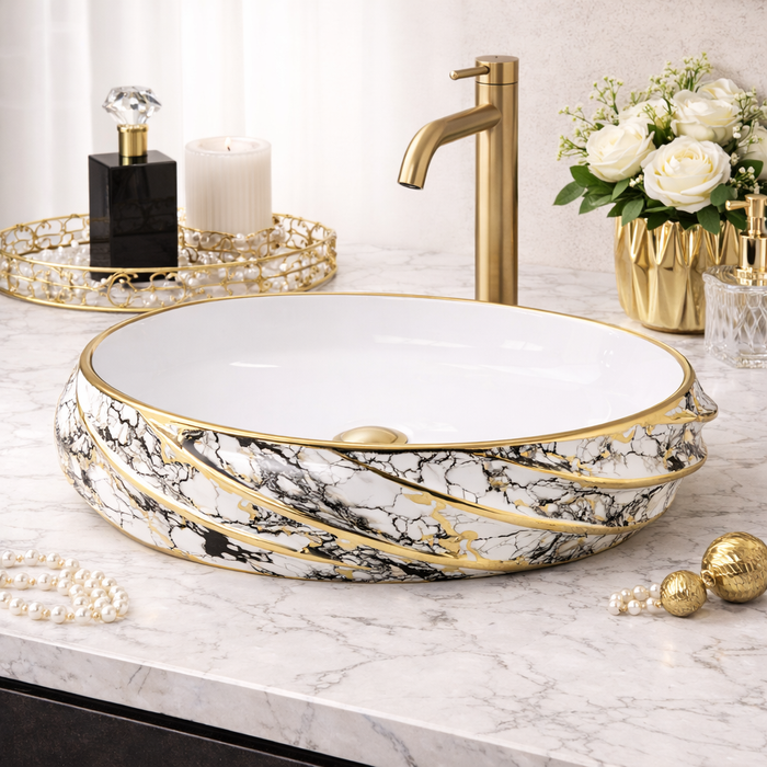 Designer Oval Countertop Wash Basin | Glossy White Inside with Patterned Exterior (21″ × 13″ × 6″ IN)