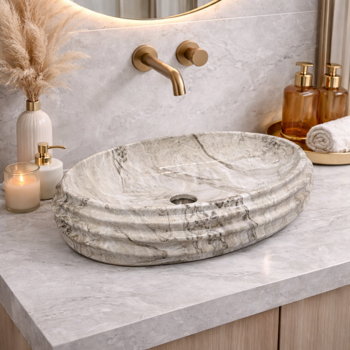 Glossy Marble Oval Countertop Wash Basin | (22" × 14.5" × 6.1" IN)