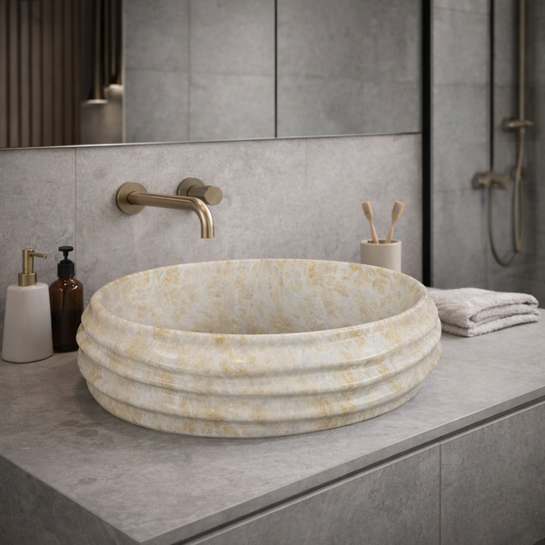 Glossy Marble Oval Countertop Wash Basin | (22" × 14.5" × 6.1" IN) Glossy Marble Beige