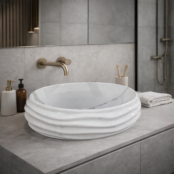 Glossy Marble Oval Countertop Wash Basin | (22" × 14.5" × 6.1" IN) Glossy Marble White