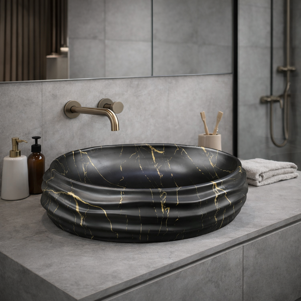 Glossy Marble Oval Countertop Wash Basin | (22" × 14.5" × 6.1" IN) Matt Marble Black